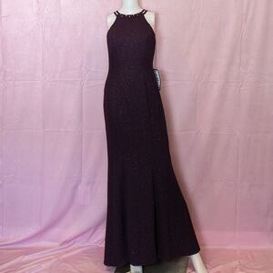 Nightway R&M Richards Mulberry Purple Sparkle Knit Sleeveless Evening Gown